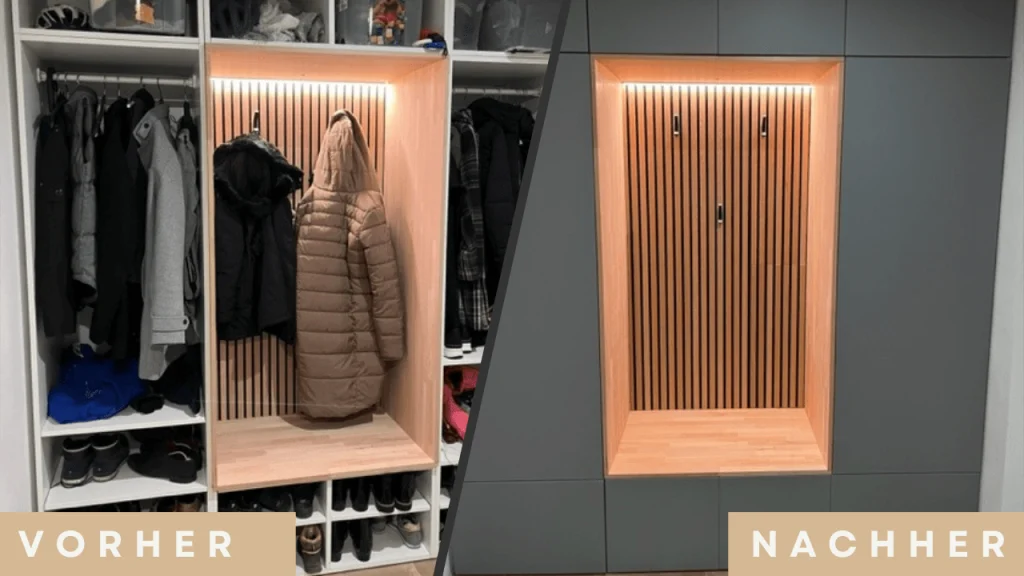 a closet with a coat on a rack